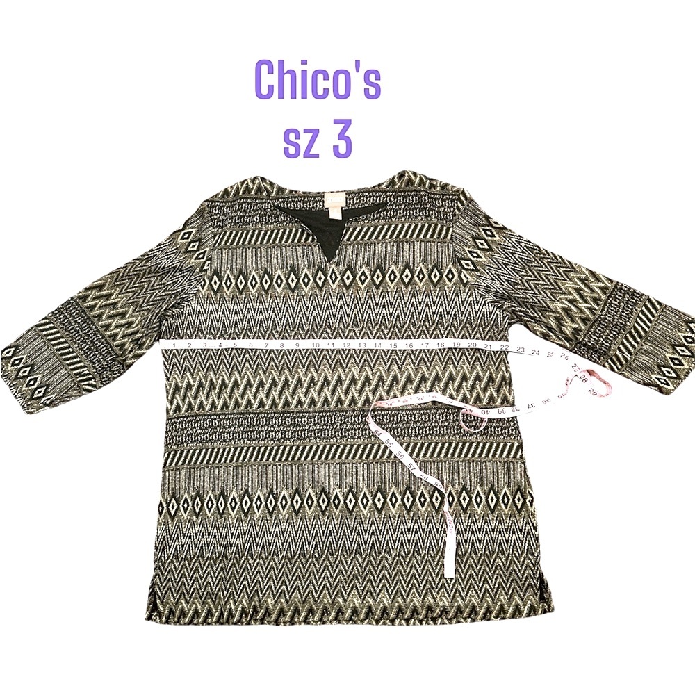 Chico's Black Gold Top Stretch sz 3 Chevron Diamond Design Lined 3/4 sleeves EUC